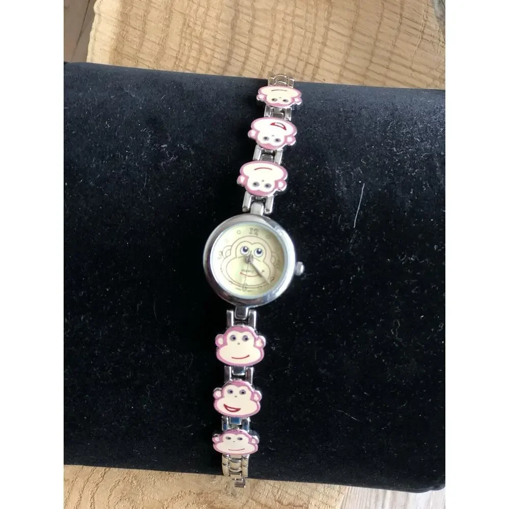 Pink Monkey Face Watch Bracelet Quartz‎ Girls Kids Enameled Metal Retro Cute